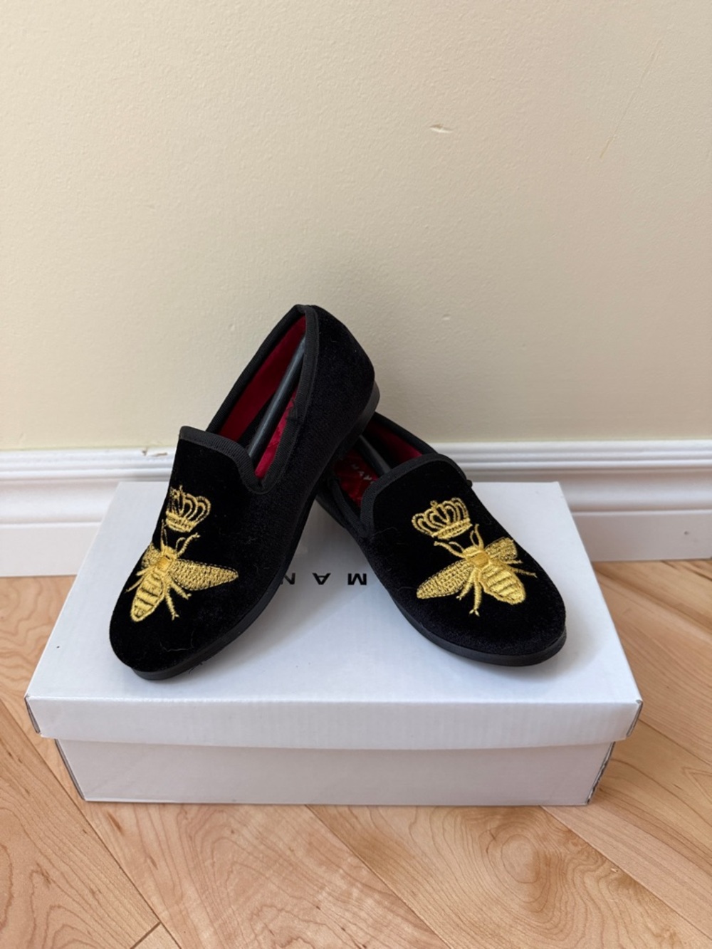 Designer Black Velvet Loafers with Gold Bee Embroidery